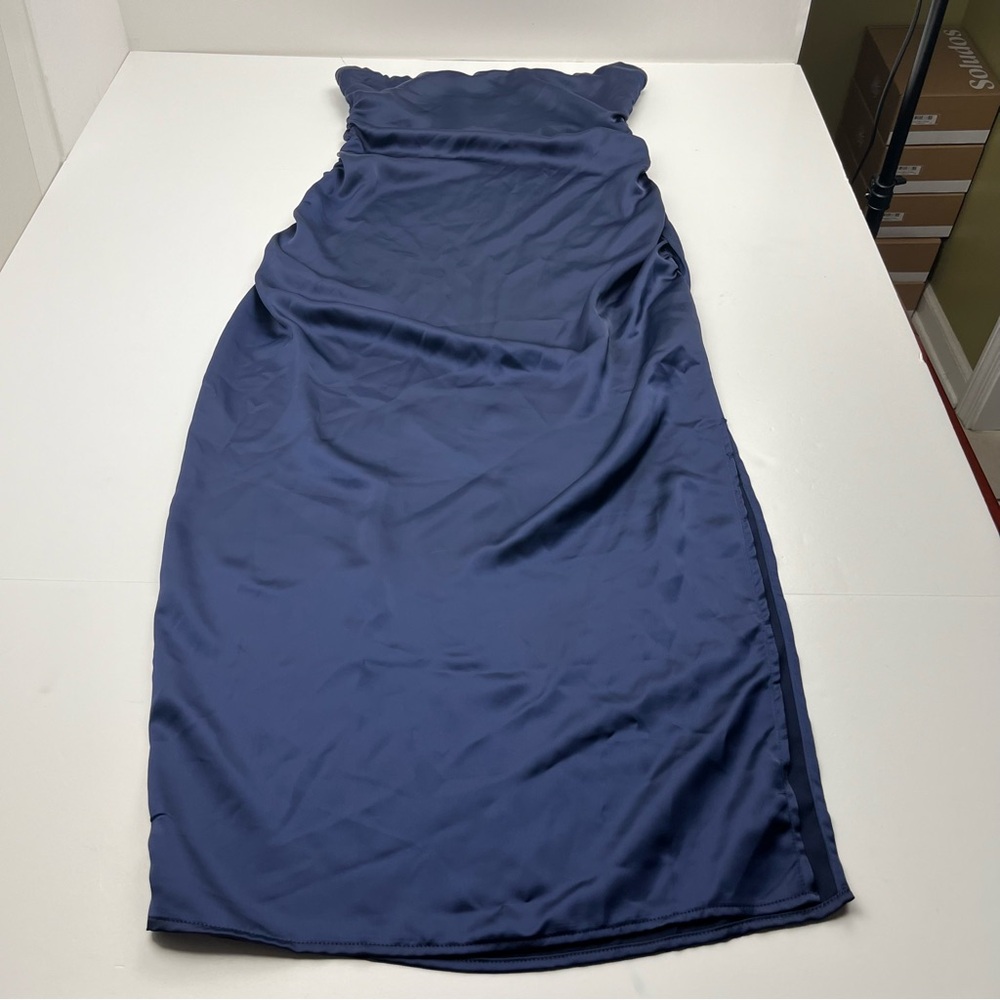 House of Harlow 1960 Midnight Strapless Ruched Bodycon Midi Dress Medium *FLAW